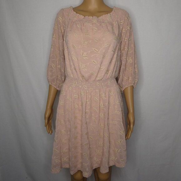 ASTR The Label Eyelet Off the Shoulder Floral Mini Dress Large Pink 3/4 Sleeve - Picture 1 of 11